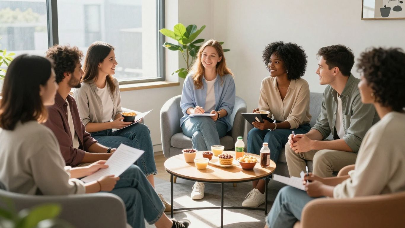 Oameni relaxați la o pauză de masă în birou.