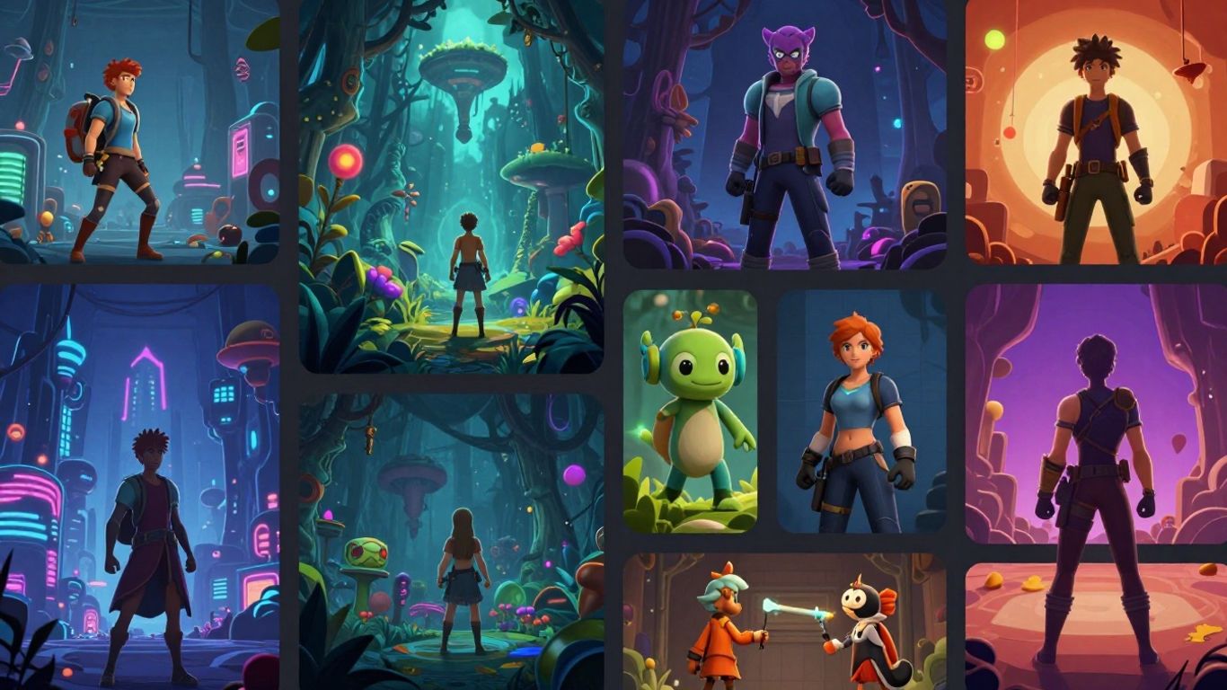 Collage of diverse game characters and fantastical landscapes.