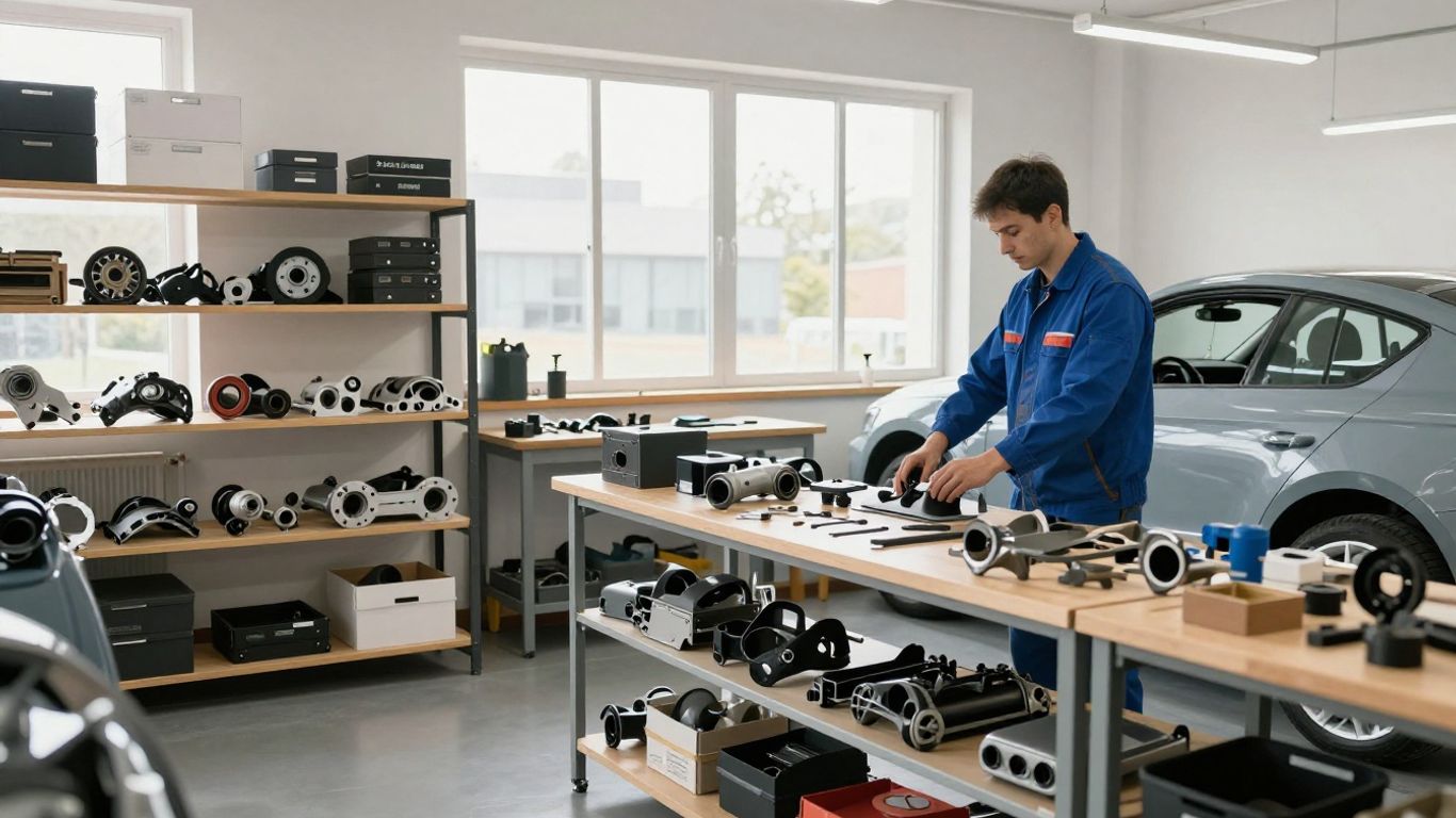 Skoda car parts and mechanic in workshop.