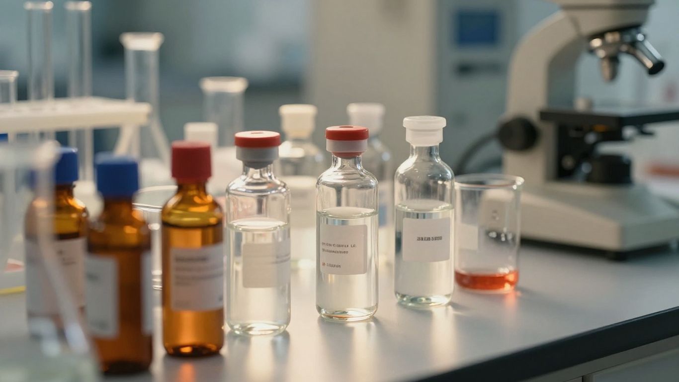 Laboratory vials and scientific equipment for peptide research.