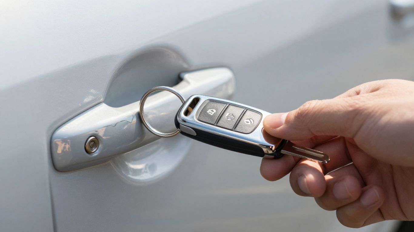 Car key entering a car door lock.