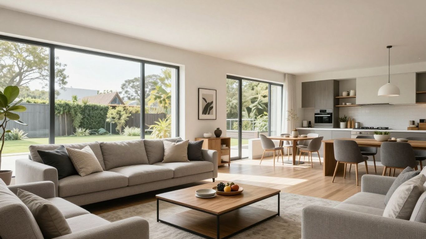 Modern open-concept living room with natural light.