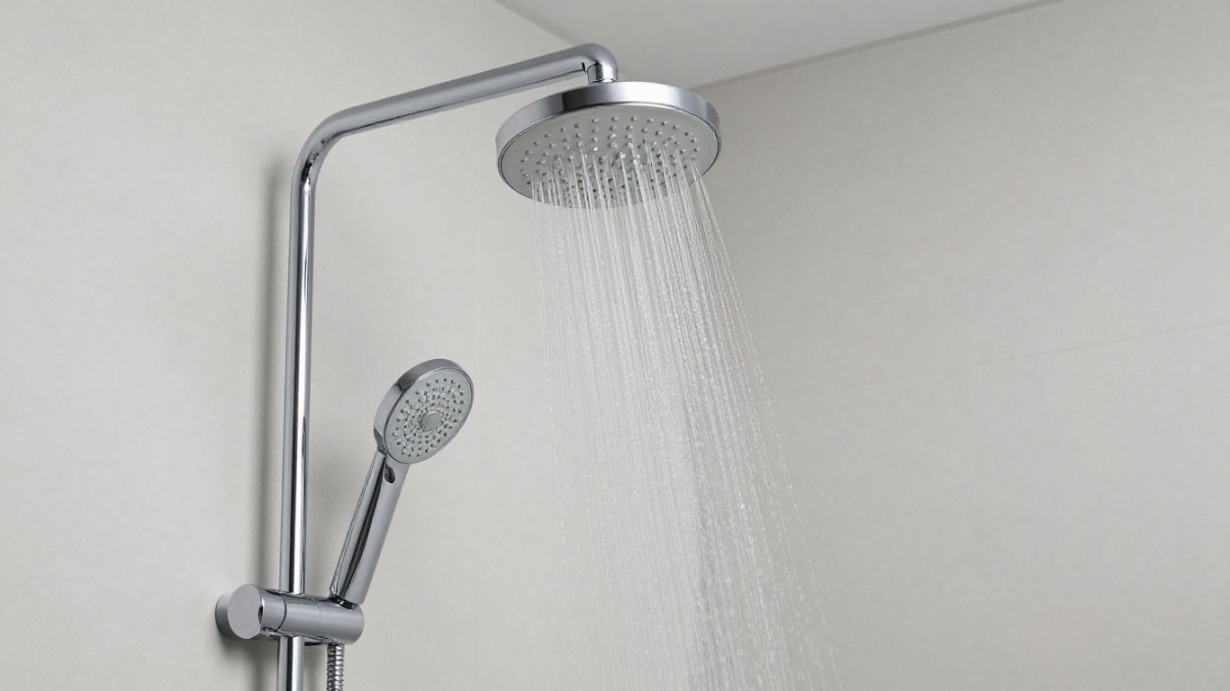 Modern thermostatic rain showerhead with cascading water.