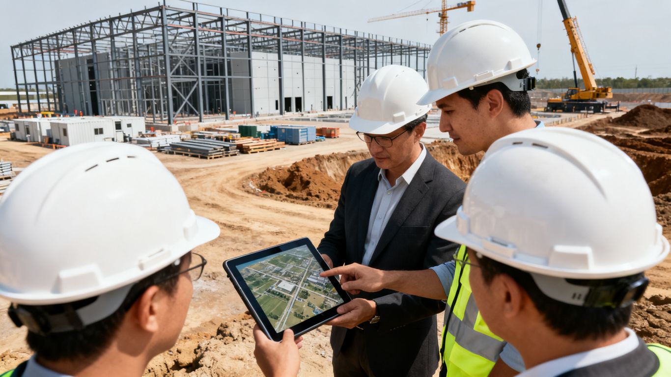 Project team reviewing aerial construction imagery