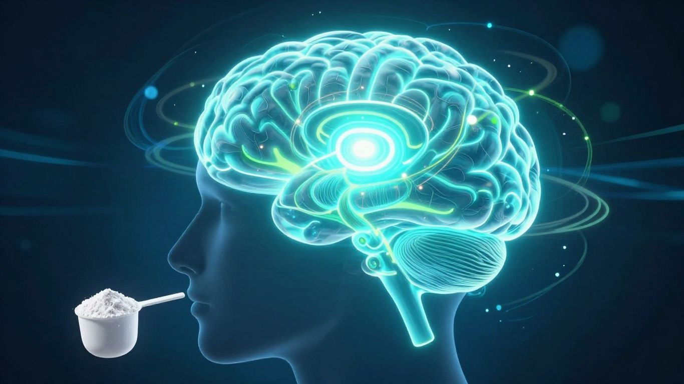 Brain with glowing light trails and creatine scoop.