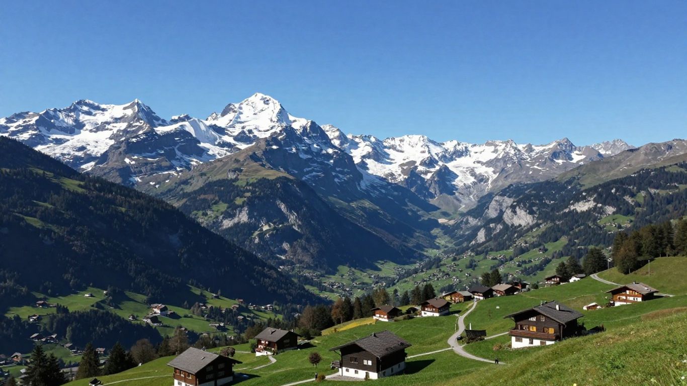 Bergpanorama der Jungfrauregion mit grünen Tälern und Chalets.
