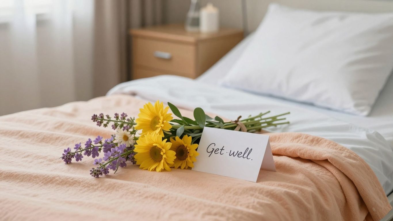 Thoughtful get-well bouquet on a quiet bedside table