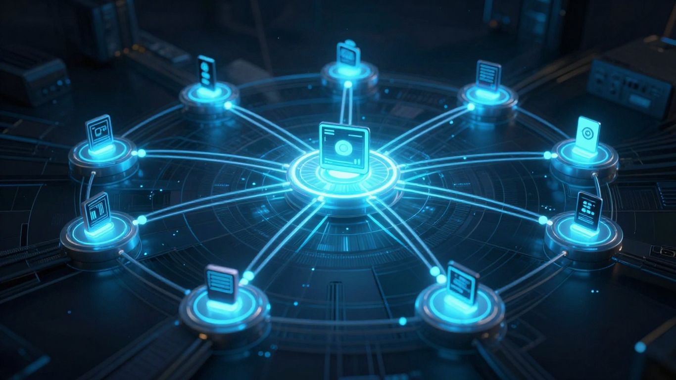 A technical blueprint showing interconnected digital systems