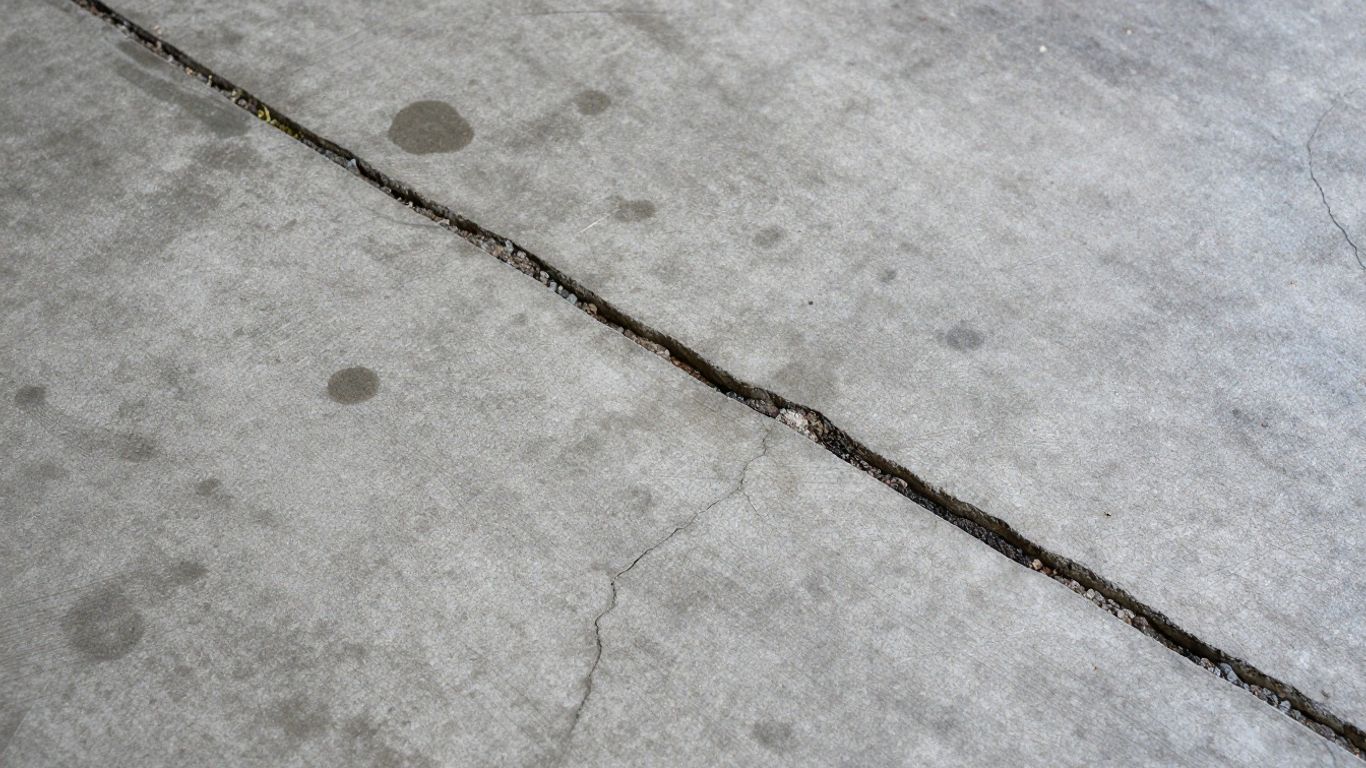 Cracked and stained concrete garage floor showing wear and tear.