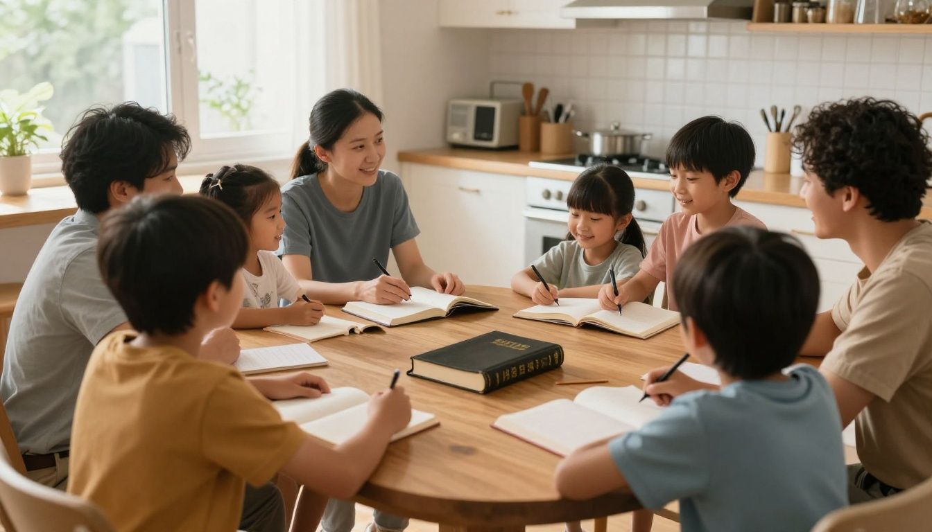 A diverse family gathered around a kitchen table, sharing a warm, heartfelt moment together in natural light; a Bible and journal nearby, peaceful and hopeful atmosphere.