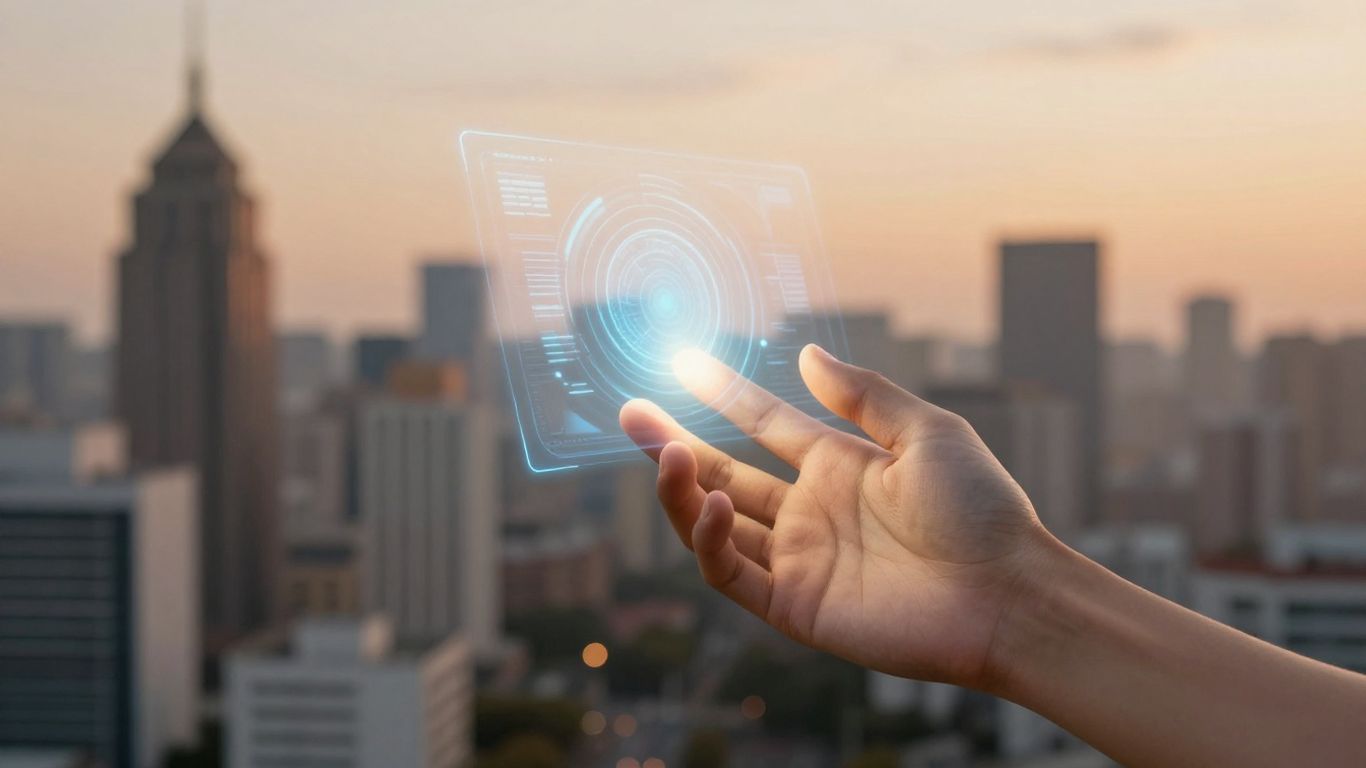 Human hand interacting with a digital interface.