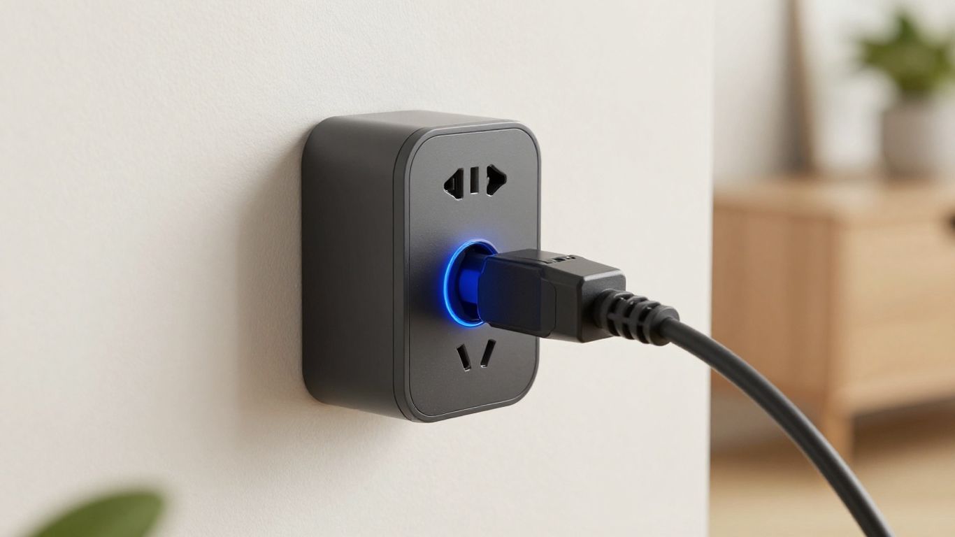 Boîtier économiseur d'électricité branché dans une prise murale.