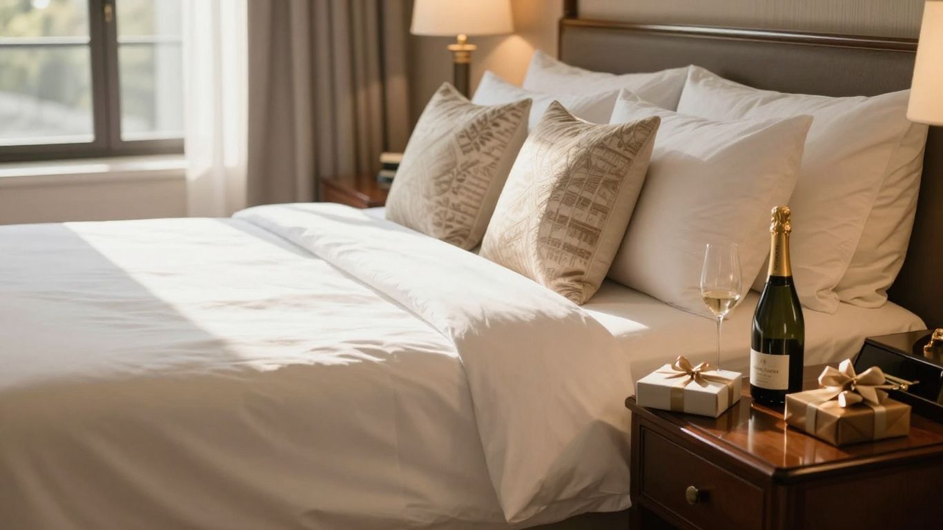 Habitación de hotel lujosa con amenidades de bienvenida.