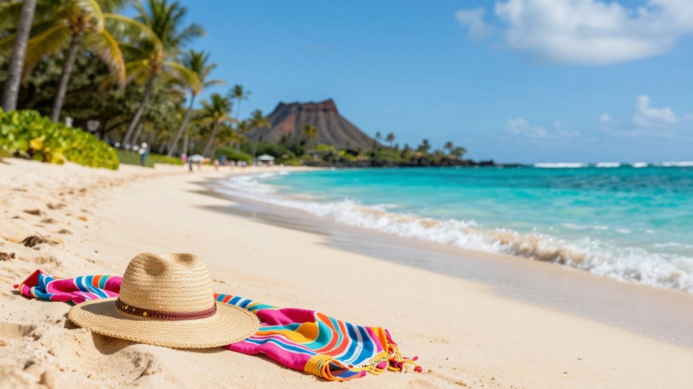 Hawaii beach with palm trees, waves, sarong, and hat.