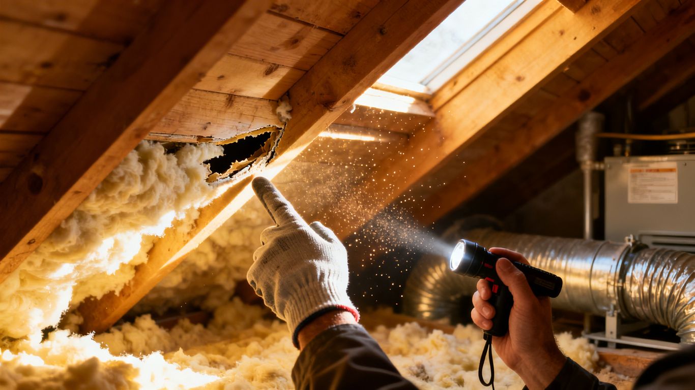 Attic inspection for HVAC leaks and insulation gaps.