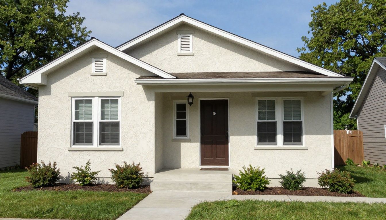 A photorealistic close view of a freshly restored light-colored stucco home exterior in Wilmette, with clean texture and landscaped surroundings, no text or logos