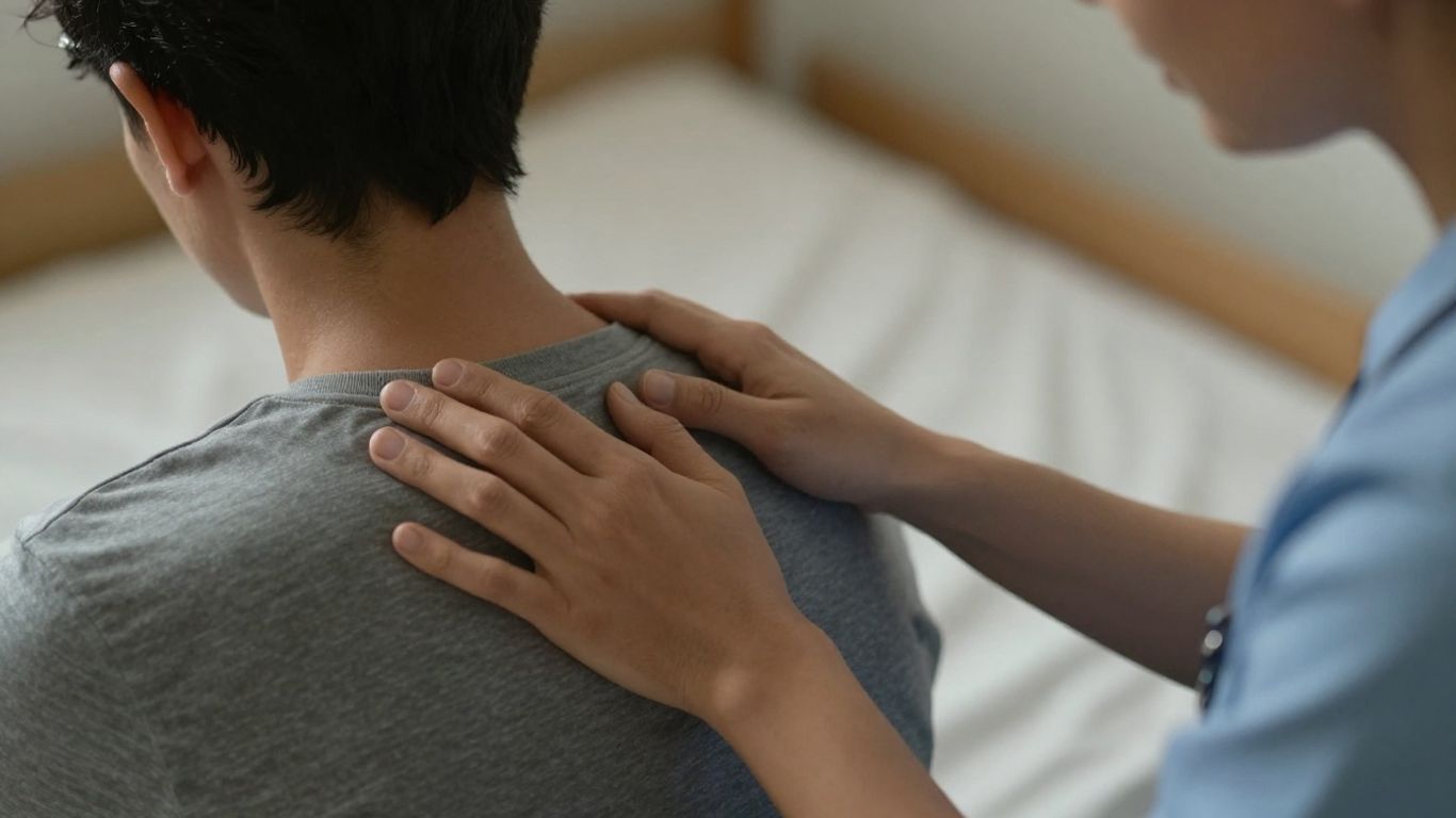 Caregiver comforting person in hostel, showing empathy and support.