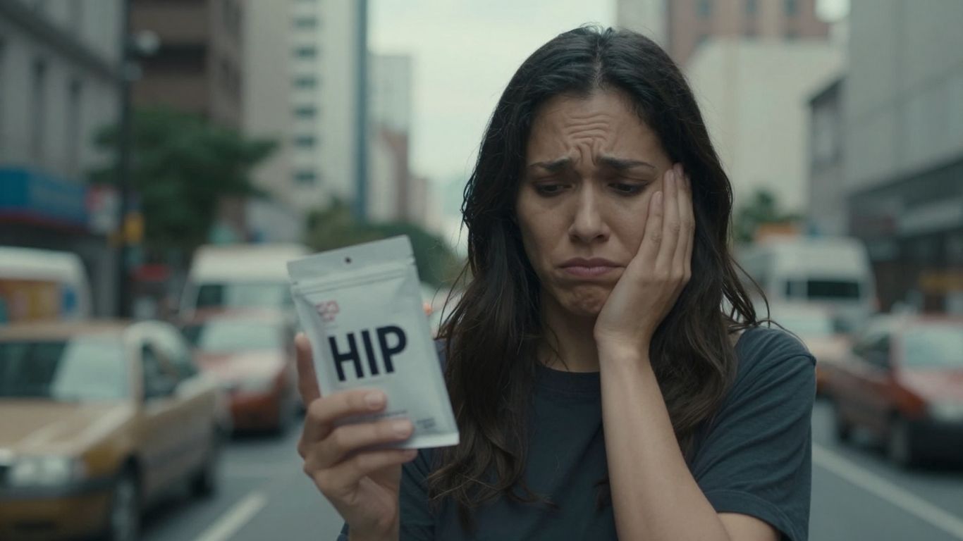 Disappointed person with bHIP product, blurred city background.