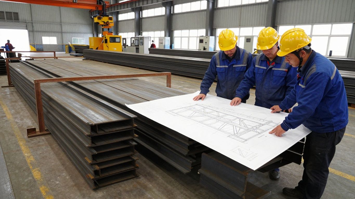 Steel fabrication team reviewing structural drawings