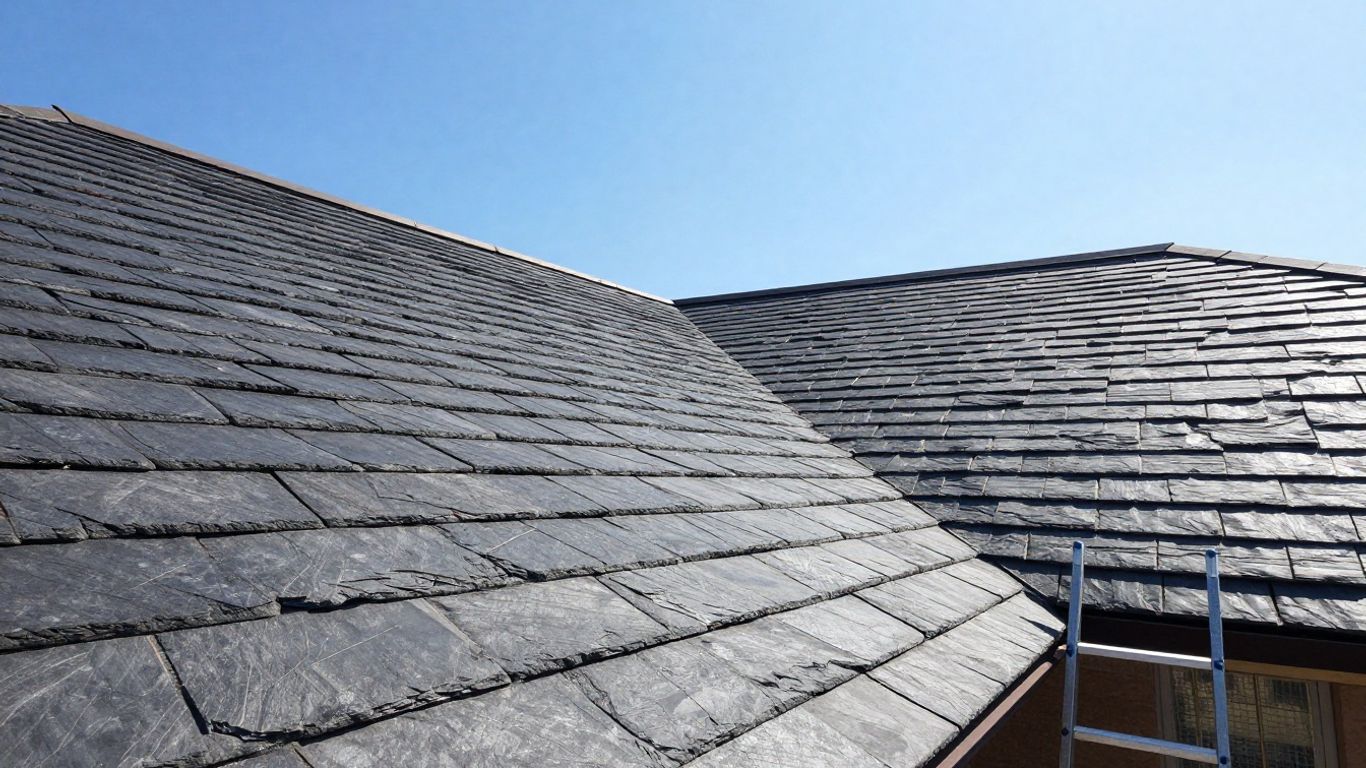 Slate roof under a clear blue sky.