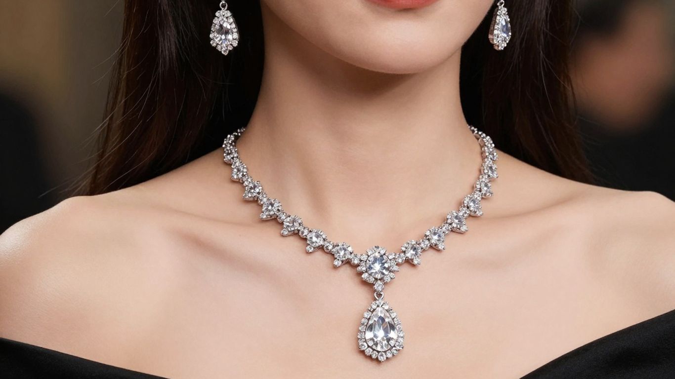 Elegant diamond necklace and earrings on a woman.