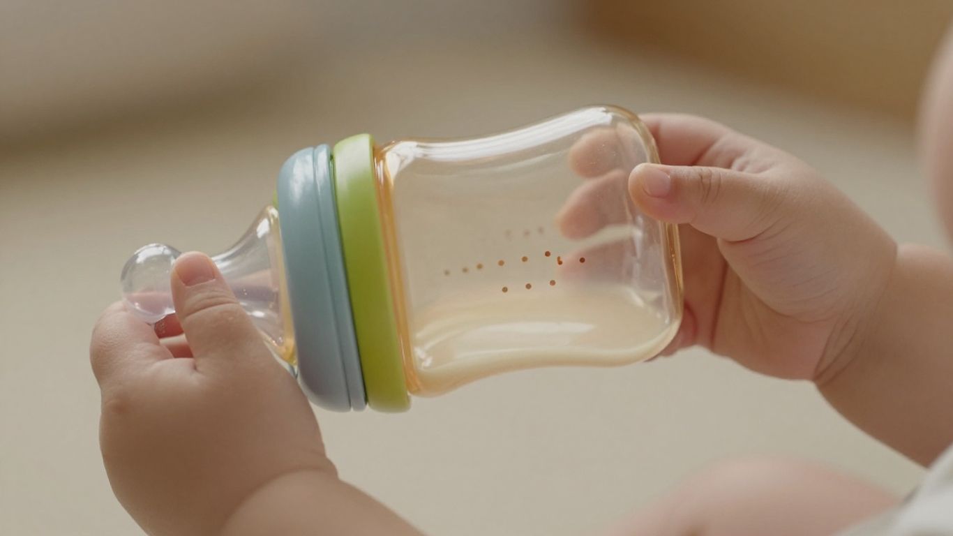 Bebé sosteniendo un biberón anticólico moderno.