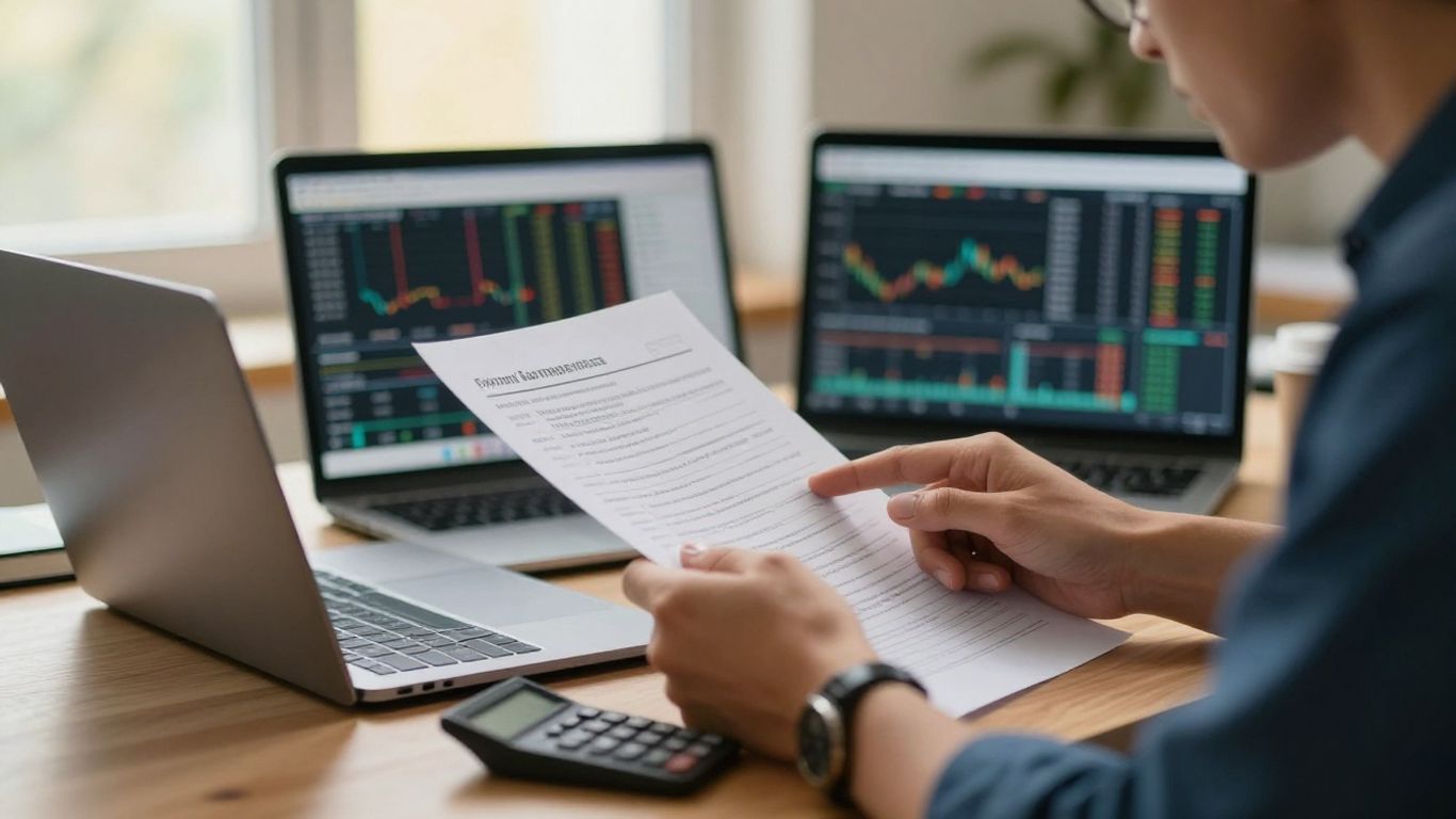 Trader reviewing account rules beside currency charts