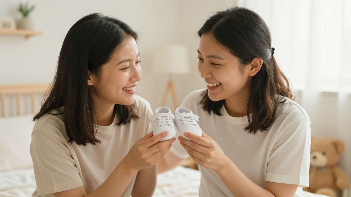 Couple holding baby shoes, announcing pregnancy for 2026.
