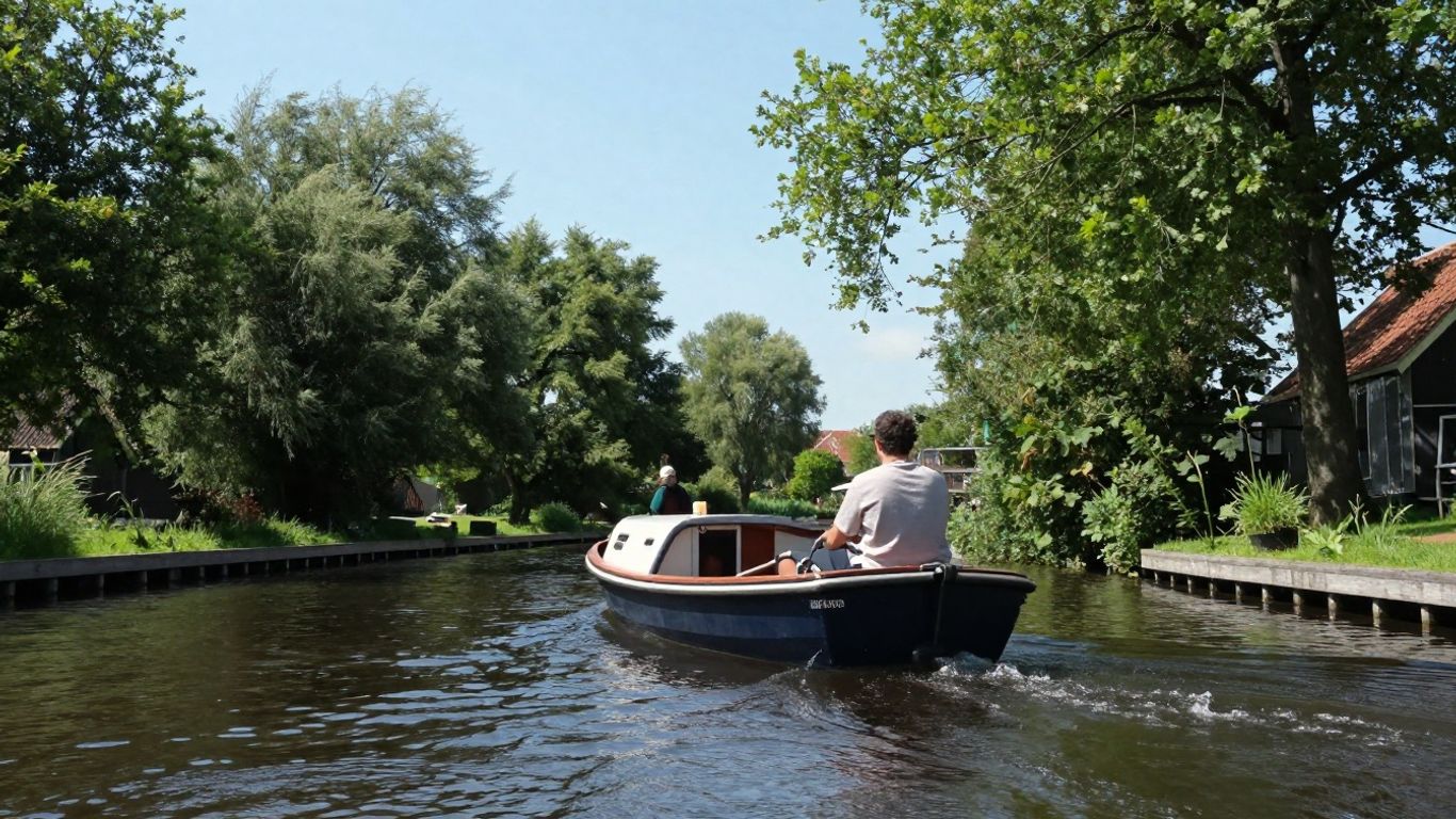 Boot op een Friese gracht met twee personen.