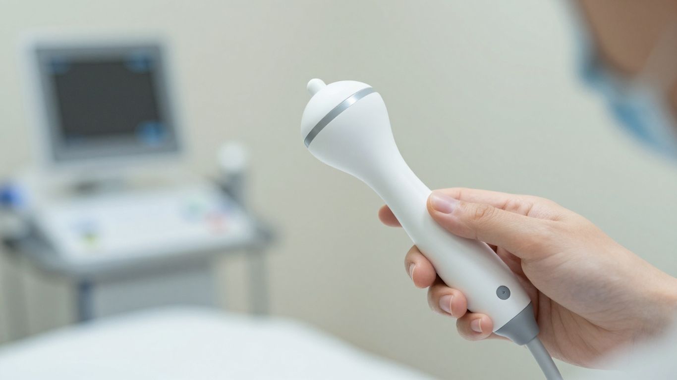 Profissional médico segurando sonda de ultrassom transvaginal.