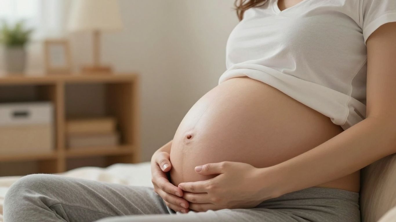 Mujer embarazada de 34 semanas acariciando su vientre.