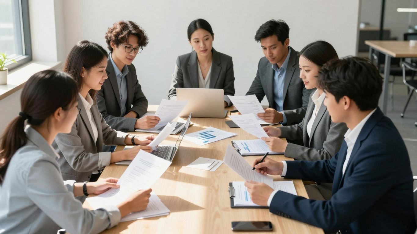 Business professionals collaborating in a bright office.