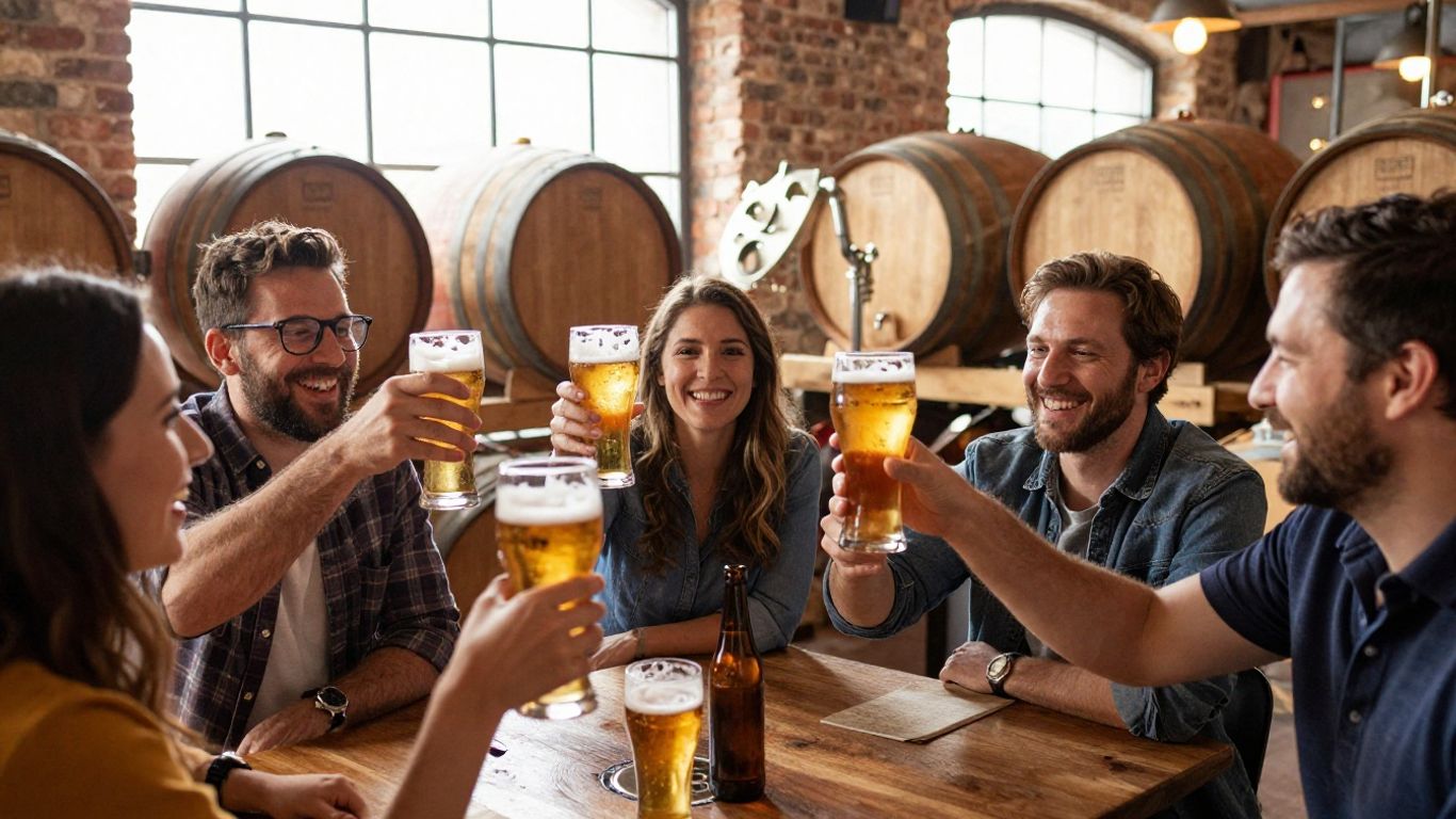 Friends toasting with craft beer in a French brewery.
