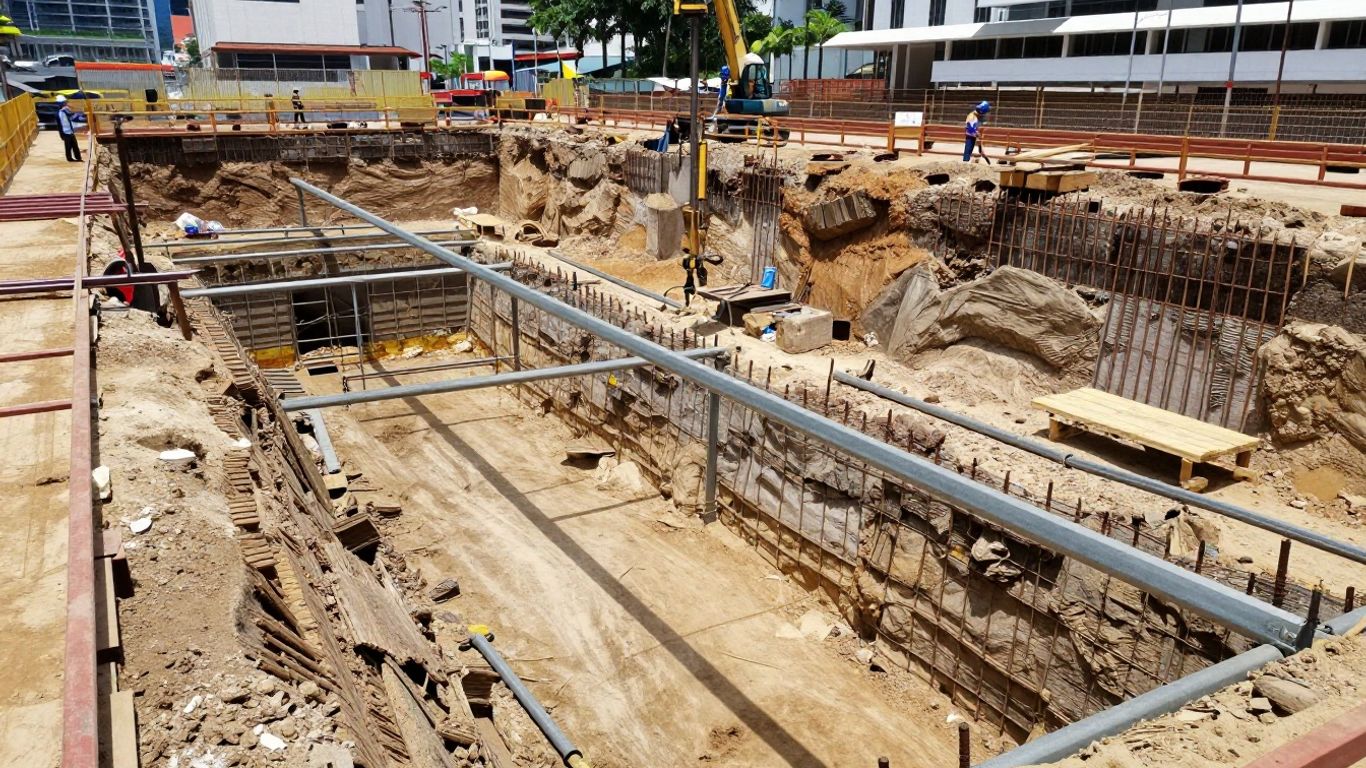 Temporary excavation with anchors and struts