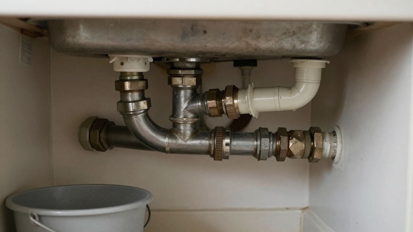 Older plumbing beneath a kitchen sink