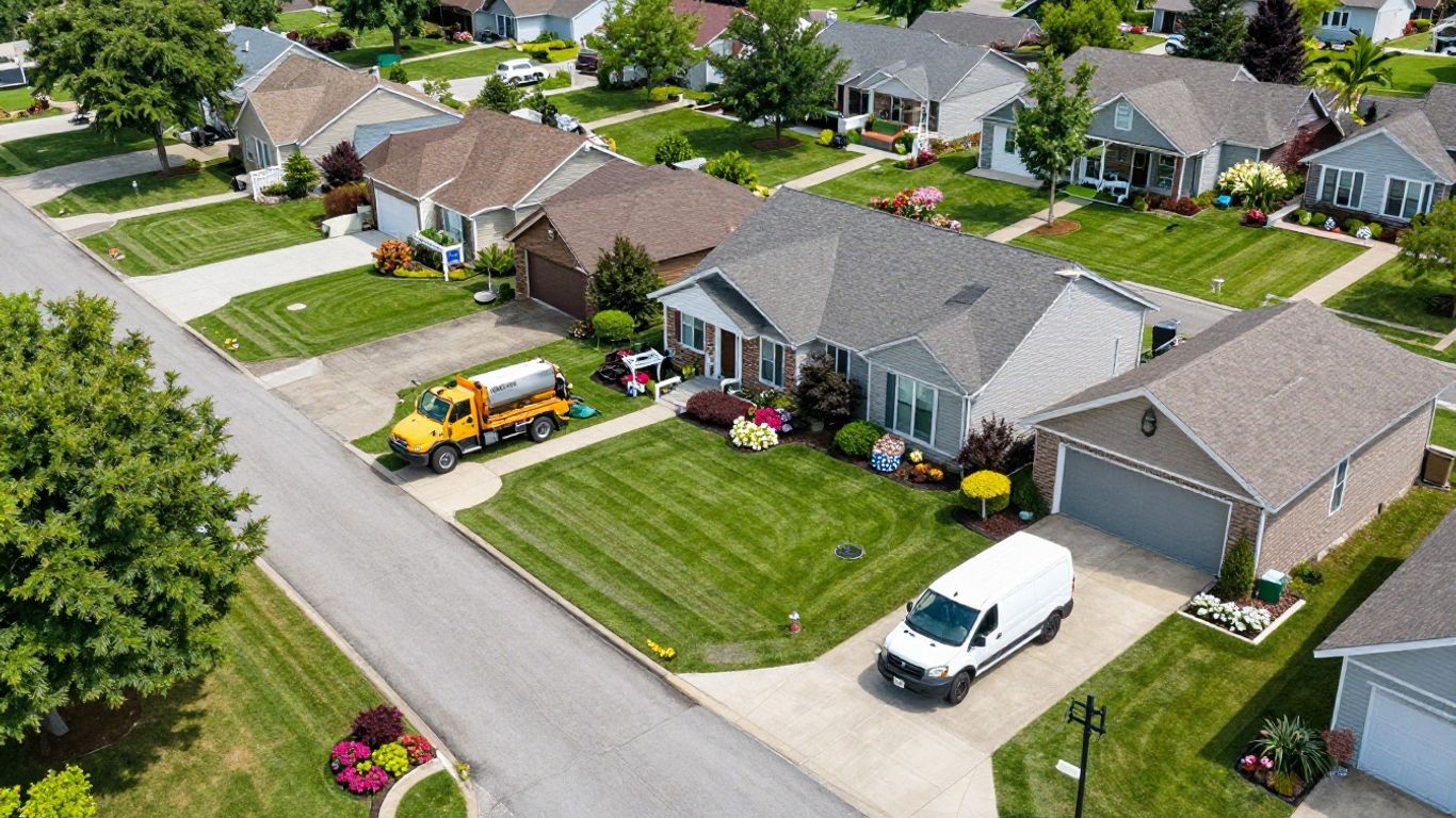 Seasonal contractor vehicles in a sunny neighborhood.