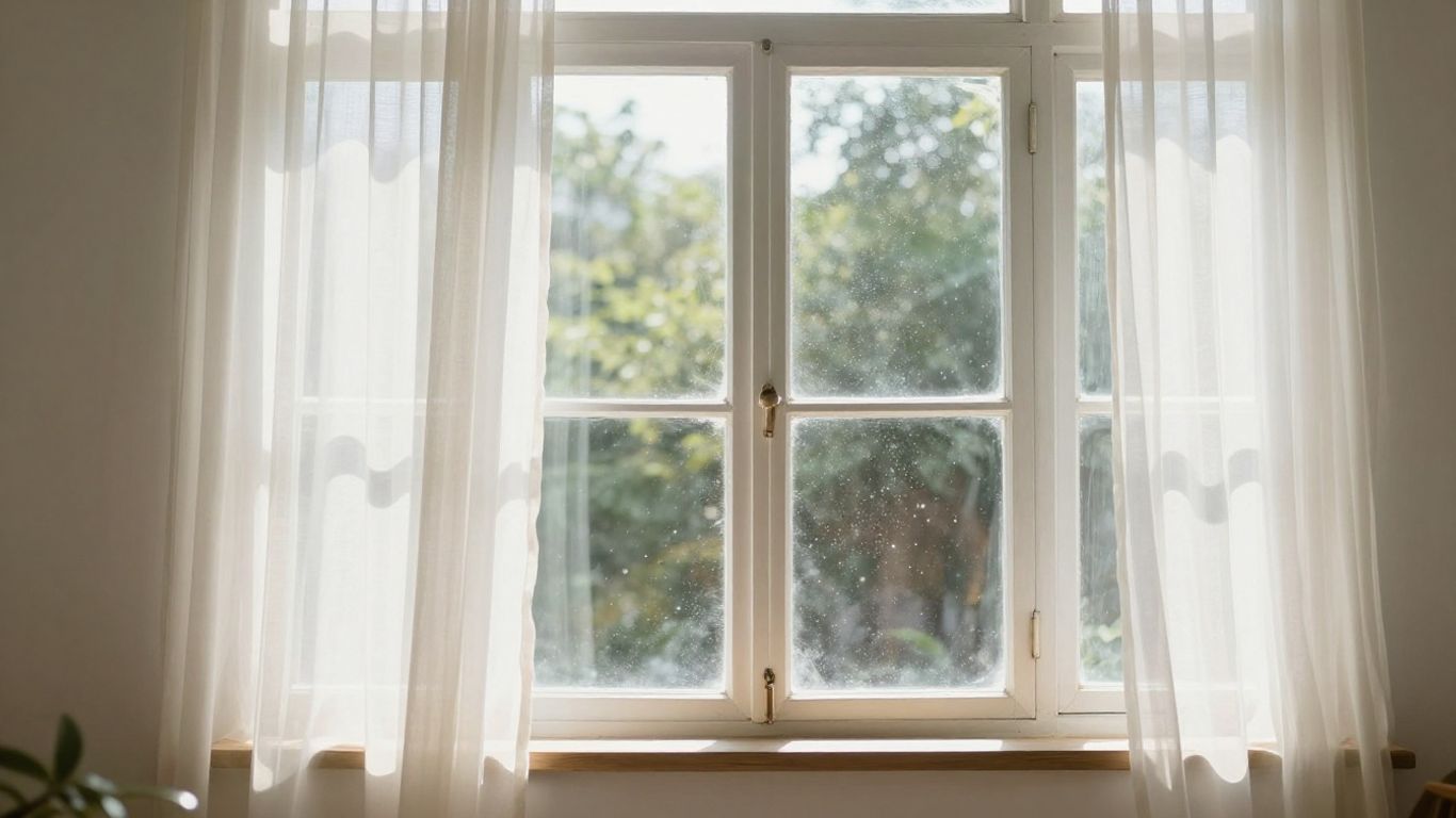 Offene Fenster mit hereinströmendem Sonnenlicht und wehenden Vorhängen.
