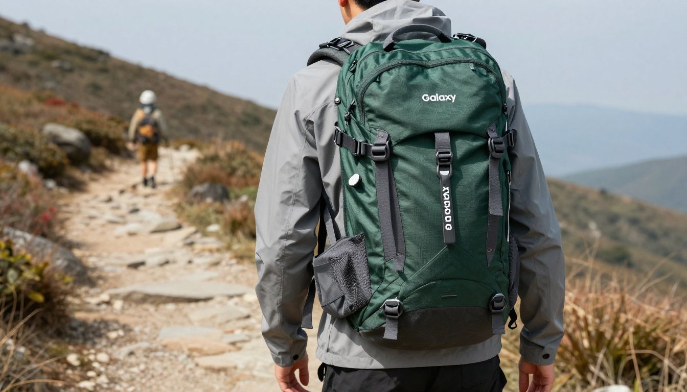 A person hiking on a trail in the Blue Mountains, pulling their Galaxy S26 from their backpack, which is protected by a rugged, dark green heavy-duty case.