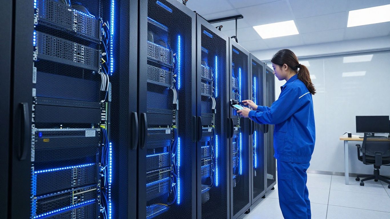 Edge data center interior with servers and technician.