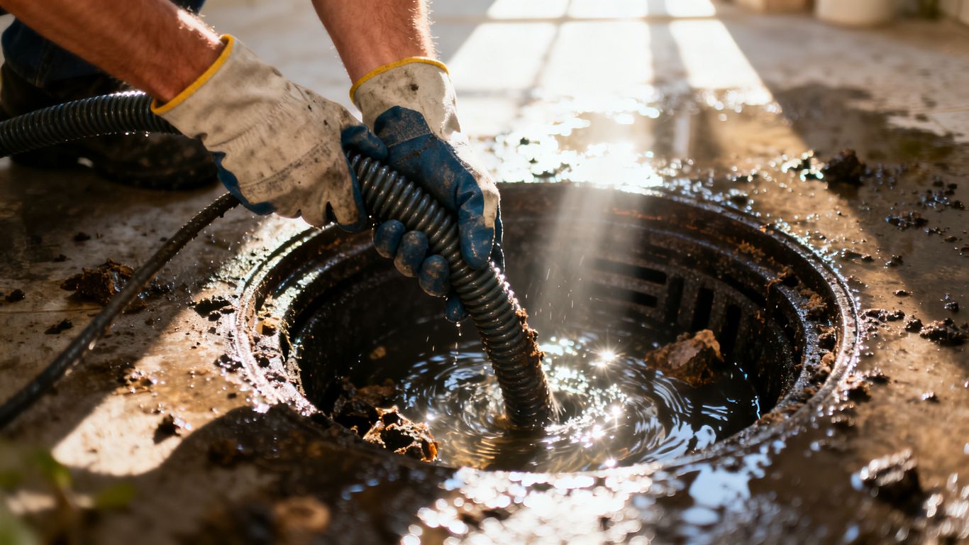 Plumber cleaning a drain with a snake.