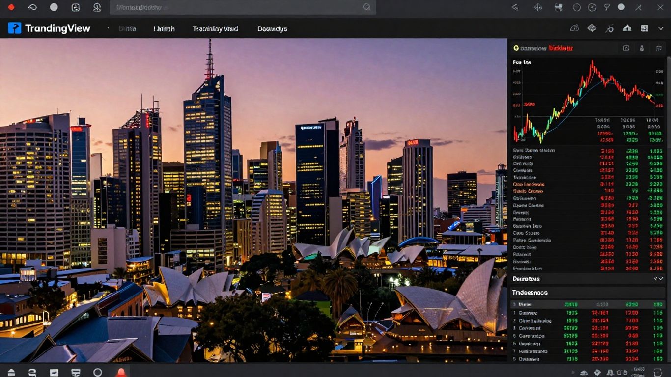 TradingView platform overlay on Australian cityscape.