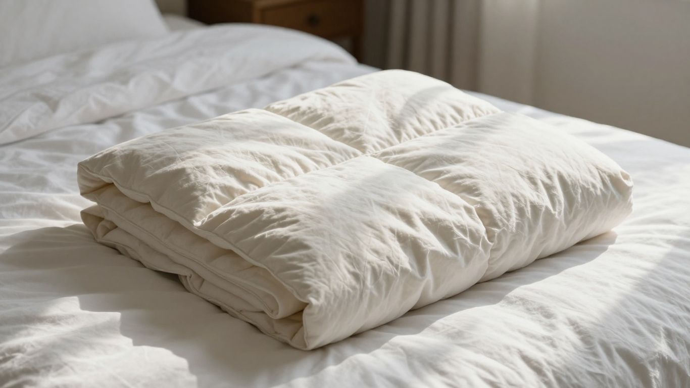 Plush Brooklinen comforter folded on a white bed.