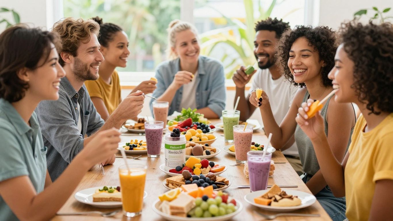 People enjoying Herbalife shakes and snacks at a nutrition club.