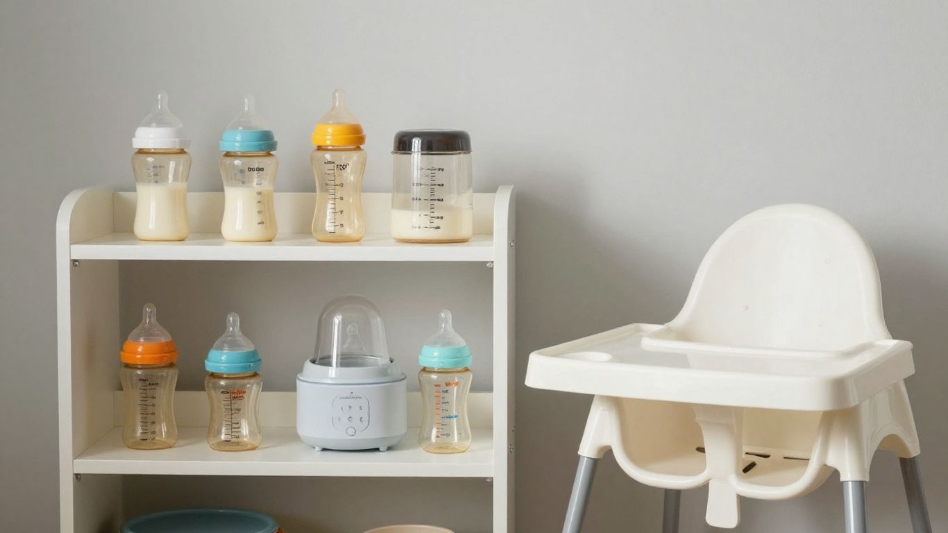 Baby feeding essentials on a shelf in a nursery.