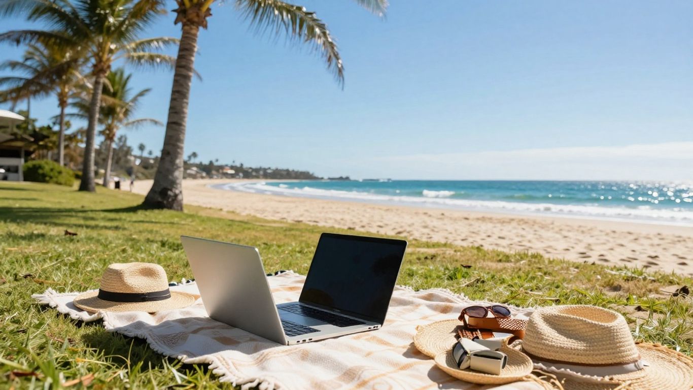 Laptop on beach blanket, Australian coast background.