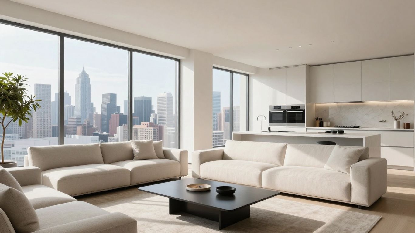 Interni moderni di una casa con vista sulla città.