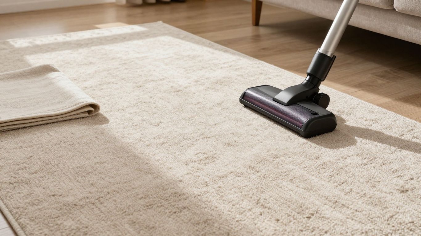 Clean carpet with vacuum cleaner and sunlight.
