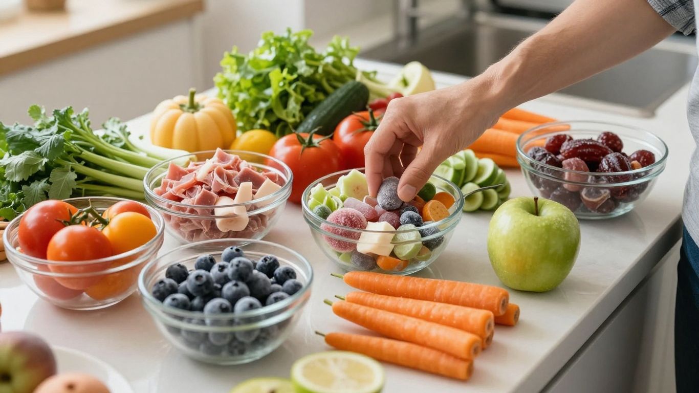 Frozen fruits and vegetables being prepared for a healthy meal.