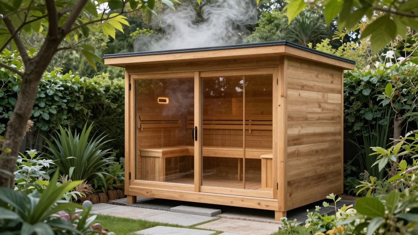 Moderne Gartensauna im Grünen mit großem Fenster