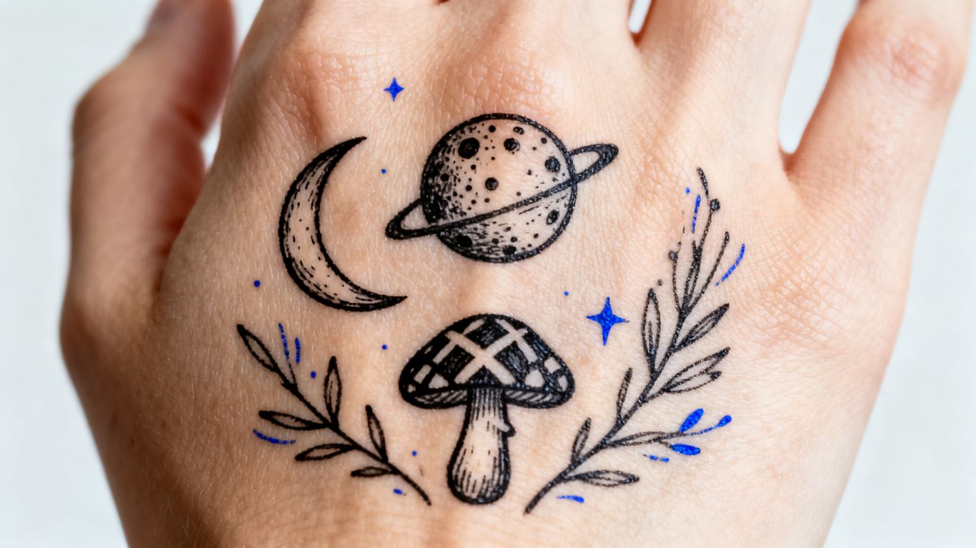 Close-up hand art with ink lines and shading